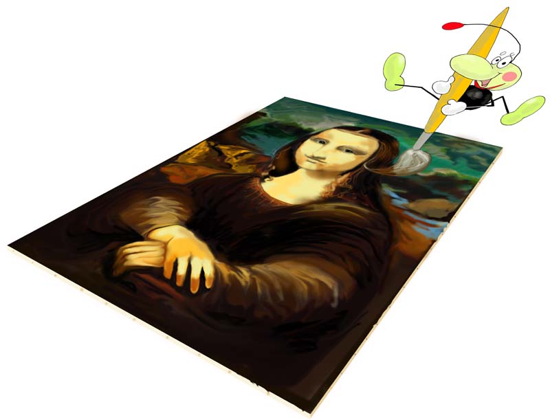Blacki sitzt auf einem Pinsel und malt die Mona Lisa.
